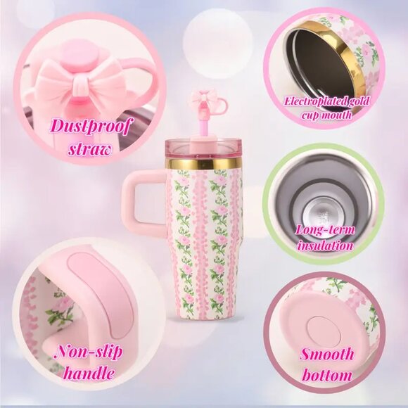 {NEW} 14oz Floral Pattern Stainless Steel Water Bottle Pink/Green - Picture 2 of 5